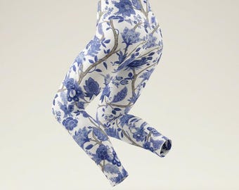 Blue Chinoiserie Floral Leggings High Waisted Yoga Leggings | Blue White Floral