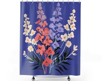 Floral Shower Curtain Purple Larkspur July Birth Flower Botanical Bathroom Decor