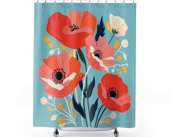 Coral Poppy Bouquet Shower Curtain | Floral Bathroom Décor