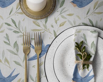 Botanical Cotton Tablecloth | Floral Bird Print Spring Dining Table Cover