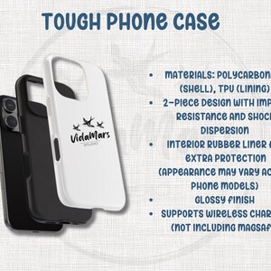 May include: A white phone case with a black logo that says "VidaMars Studio" and three flying birds. The case is made of polycarbonate and TPU and has a glossy finish. It is designed to protect your phone from impact and shock. The case also supports wireless charging.