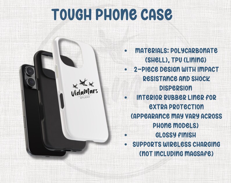 May include: A white phone case with a black logo that says "VidaMars Studio" and three flying birds. The case is made of polycarbonate and TPU and has a glossy finish. It is designed to protect your phone from impact and shock. The case also supports wireless charging.