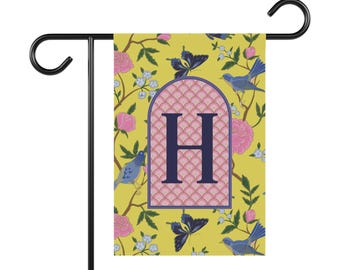 Garden Banner Chinoiserie Flag Monogram Décor Spring Floral Housewarming Gift Outdoor House Flag New Home Gift for Gardeners Lawn Decor