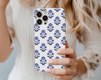 Blue Floral Block Print Phone Case: Indian Inspired Shockproof Cover