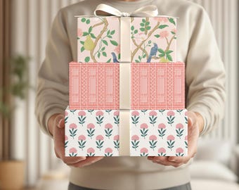 Chinoiserie Gift Wrapping Paper: Pink Block Print, Cottage Core Bridal Shower Gift Wrap