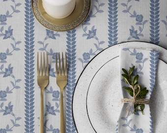 Blue Toile Tablecloth Floral Cotton Twill Lunch Napkin Cottagecore Table Linens Vintage Inspired Toile Stripe Tablecloth Dinner Napkin Set