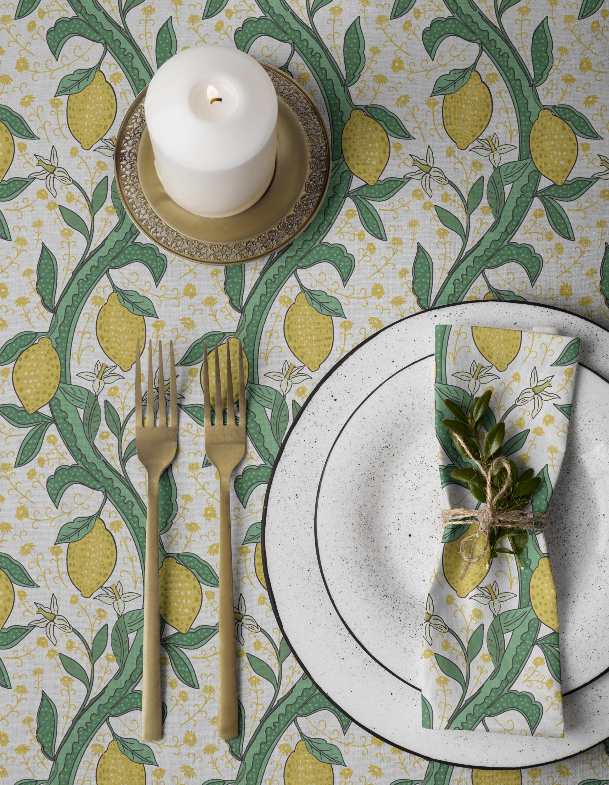 ARIKHA、Kichen-boardEggplant and Lemon Lemon Vines Tablecloth & Napkin Set: Cottage Core Kitchen Decor