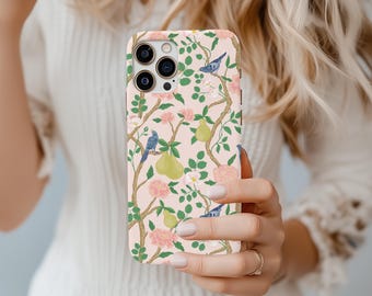 Pink Chinoiserie MagSafe iPhone Case: Preppy Floral Blue Bird Design