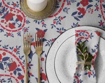 Paisley Cotton Tablecloth Napkin Set | Red Blue Floral Napkin Set, Dining Decor