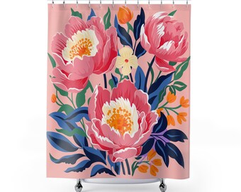 Pink Floral Shower Curtain November Birth flower Peony Botanical Bathroom Decor