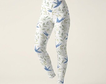 Blue Bird Watercolor Pattern High Waisted Leggings | Floral Leaf Yoga Leggings