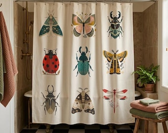 Vintage Insect Shower Curtain | Botanical Bug Grid Entomology Design Beetle Moth Ladybug Design