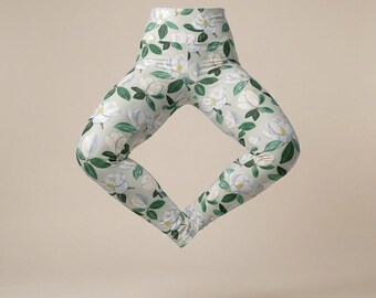 White Magnolia Floral Leggings High Waisted Yoga Leggings | Botanical Pattern Workout Pants