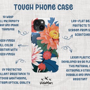 May include: A tough phone case with a floral design featuring pink, yellow, and blue flowers. The case is made of Lexan plastic, which is strong, durable, and impact resistant. The case has a lay-flat bezel to protect the screen from scratches.
