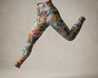 Tropical Leaves Pattern Leggings | High Waisted Yoga Leggings