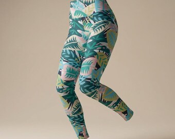 Tropical Leaf Print Leggings High Waisted Yoga Leggings | Green Palm Pattern
