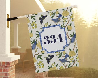 Garden Banner Chinoiserie House Number Flag Décor Spring Floral Housewarming Gift Outdoor House Flag New Home Gift for Gardeners Lawn Decor