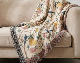 Woven Chinoiserie Blanket, Cozy Floral Home Decor, Decorative Throw Blanket, Pink Floral and bird Design