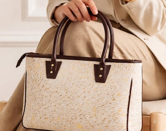 Borsa tote in pelle bovina da donna, borsa a mano in pelle con pelo, borsa a tracolla in pelle marrone, borsa western, borsa da lavoro di lusso, borsa in vera pelle