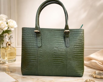 Borsa tote da donna in vera pelle con stampa coccodrillo verde, borsa a mano in vera pelle, borsa a tracolla elegante per tutti i giorni, regalo per lei