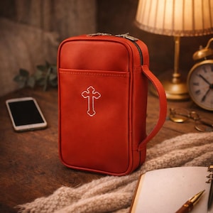 Premium Leather Bible Cover Case with Handle Christian Cross Travel Organizer Zippered Scripture Bag Religious Gift for Men & Women