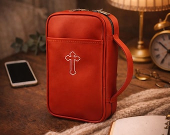 Custodia per Bibbia in pelle di alta qualità con maniglia, croce cristiana, organizer da viaggio con cerniera, borsa per Sacre Scritture, regalo religioso per papà