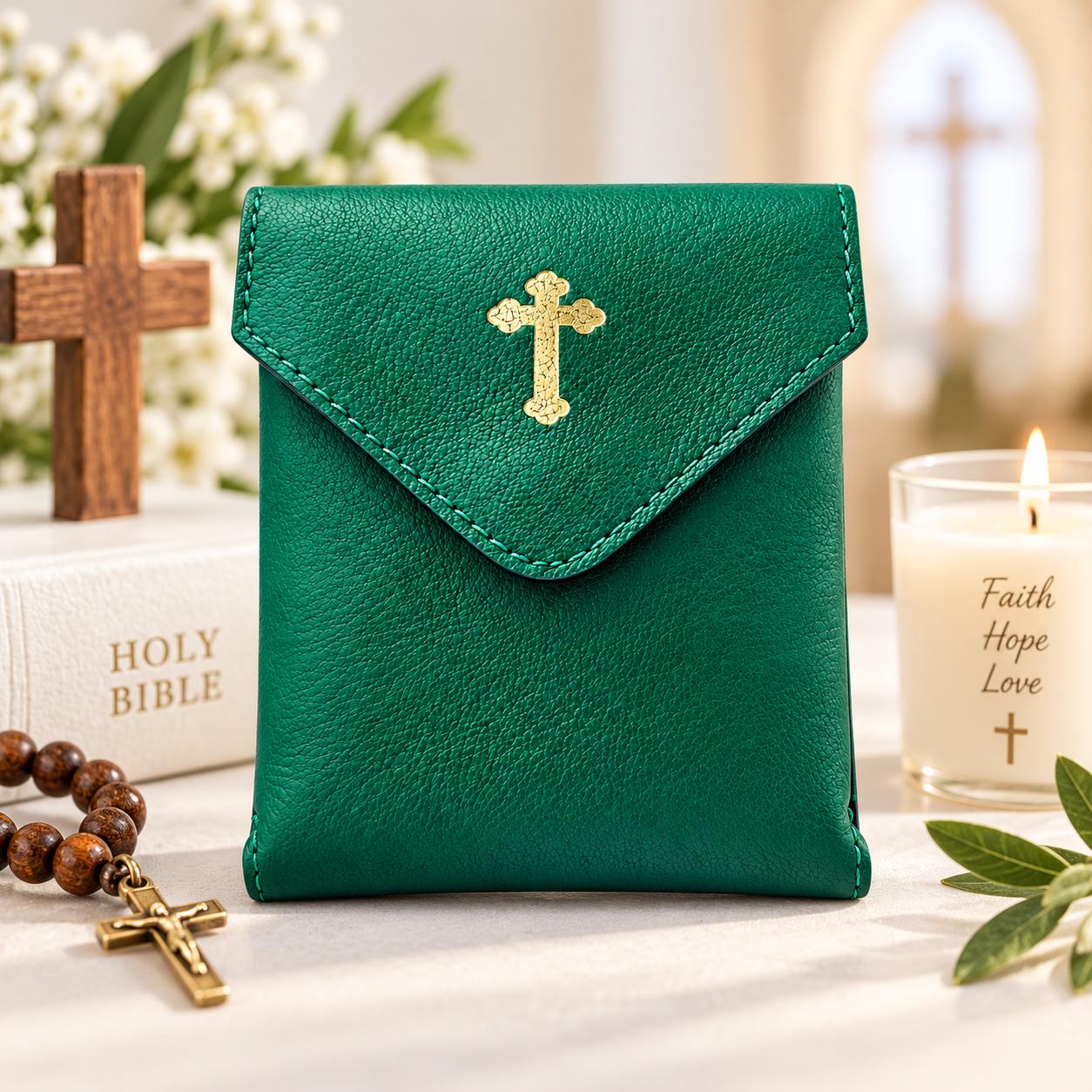 Pyx Purse, Green Leather Catholic Burse - Communion Host Holder Case, Eucharist Carrying Pouch, Catholic Gift