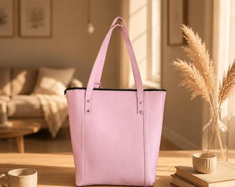 Borsa tote in pelle rosa da donna – Borsa a tracolla capiente, borsa minimalista per tutti i giorni, borsa tote con cerniera, borsa da lavoro e da viaggio