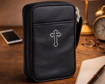 Copertina per Bibbia in pelle di alta qualità con cerniera e maniglia, custodia per libri cristiani, borsa organizer per Bibbia ideale per i viaggi, regalo per la festa del papà.
