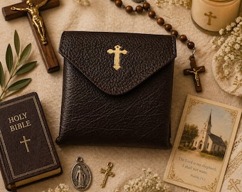 Brown Pyx Purse Catholic Burse Communion Host Holder Case Genuine Leather Eucharist Carrying Pouch Priest Gift Catholic Church Supplies
