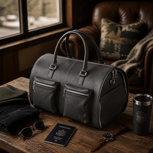 May include: A black leather duffel bag with two front zippered pockets, handles, and a shoulder strap. Accessories include sunglasses, a passport, a watch, and a black travel mug. The items are arranged on a wooden surface.