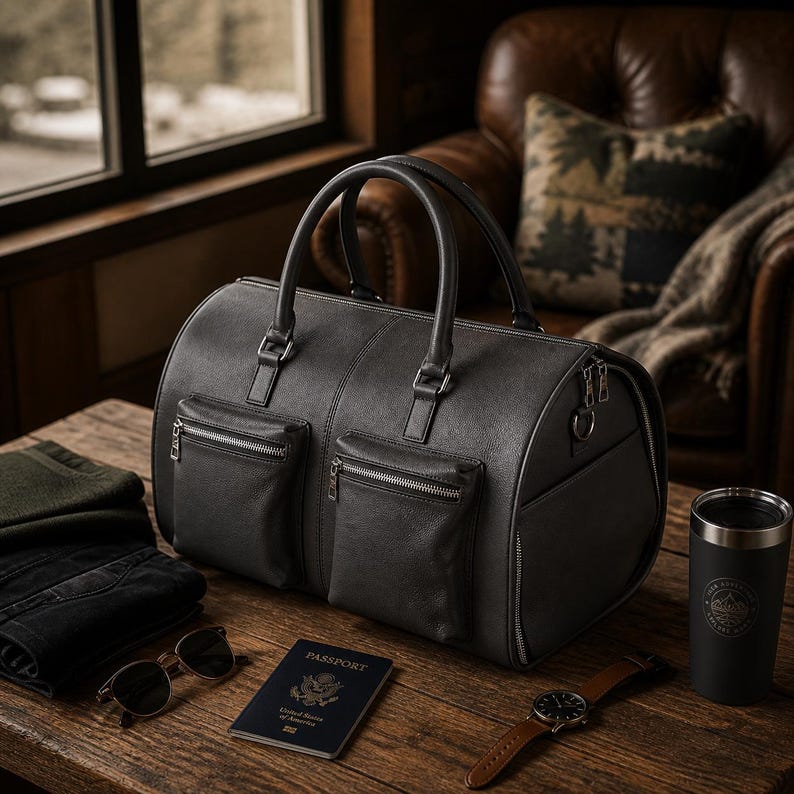May include: A black leather duffel bag with two front zippered pockets, handles, and a shoulder strap. Accessories include sunglasses, a passport, a watch, and a black travel mug. The items are arranged on a wooden surface.