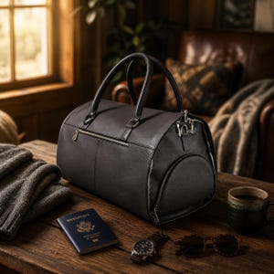 May include: A dark gray leather duffel bag with a top handle and a side zipper. A passport, watch, and sunglasses are on a wooden table. A cup of coffee and a folded sweater are also on the table.