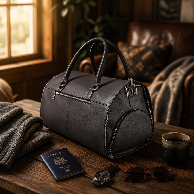 May include: A dark gray leather duffel bag with a top handle and a side zipper. A passport, watch, and sunglasses are on a wooden table. A cup of coffee and a folded sweater are also on the table.