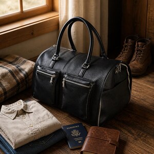 May include: A black leather duffel bag with two front zippered pockets and silver-tone hardware. The bag has two top handles and a side zipper. A passport, journal, shirt, and jeans are next to the bag. Brown leather boots are in the background.