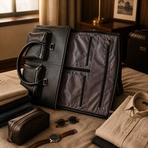 May include: Black leather travel bag with multiple exterior pockets and a large interior compartment. The bag is open, revealing a gray lining. Accessories like a watch, sunglasses, and a toiletry bag are arranged around the bag on a bed.