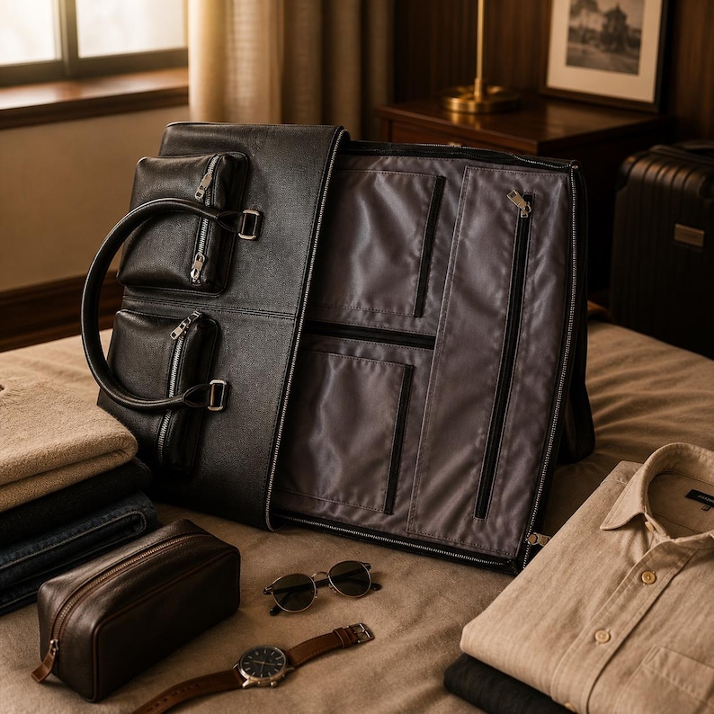May include: Black leather travel bag with multiple exterior pockets and a large interior compartment. The bag is open, revealing a gray lining. Accessories like a watch, sunglasses, and a toiletry bag are arranged around the bag on a bed.