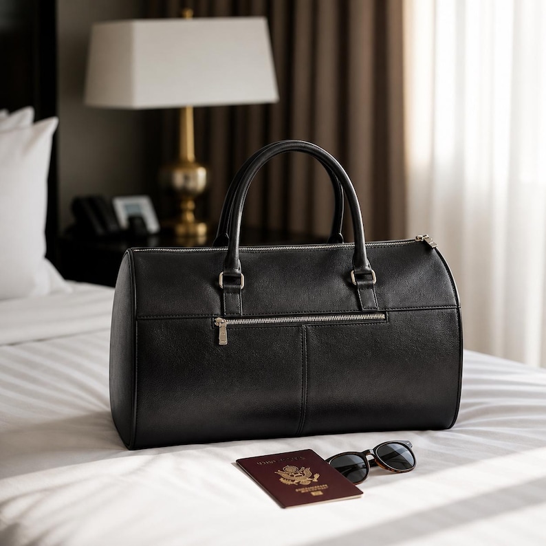 May include: A black leather duffel bag with silver zippers and handles sits on a white bed. A passport and sunglasses are next to the bag. The scene is set in a hotel room with a lamp and curtains in the background.