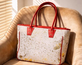 Borsa tote in pelle di vacchetta da donna, borsa a mano in pelle rossa con pelo, borsa tote western, borsa a tracolla di lusso, borsa tote per tutti i giorni, borsa da lavoro, regalo