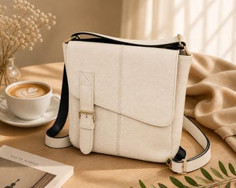 Borsa a tracolla in pelle bianca, borsa a tracolla di lusso firmata, borsetta minimalista da spalla, borsa per tutti i giorni, borsa da viaggio, regalo per papà