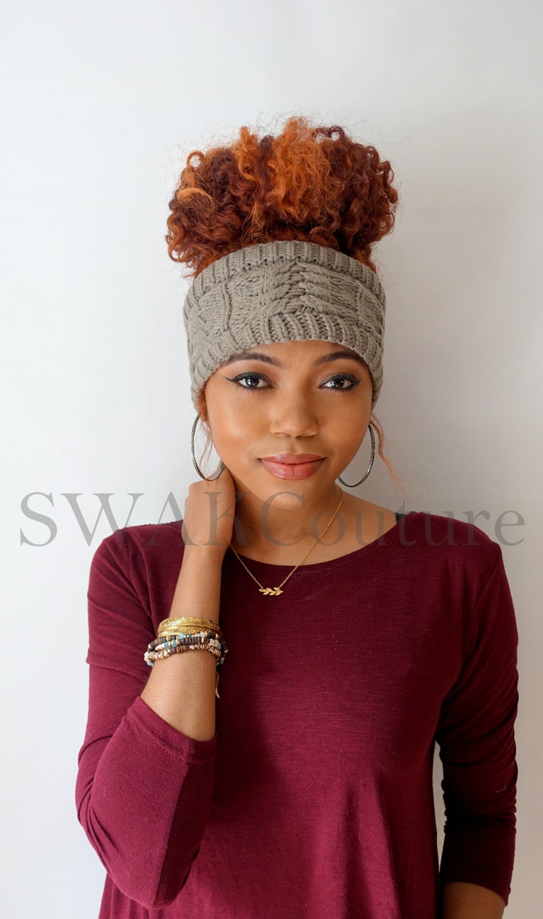 On Sale Messy Bun Wrap Thick knit Wide Headband Cable Knit Ear warmer Mortar