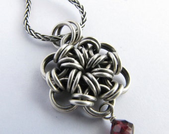 Chainmaille Flower with Garnet Sterling Silver Necklace