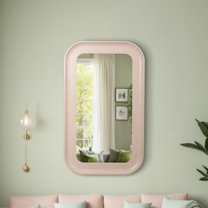 Blush Pink Rounded Rectangle Wall Mirror: Japandi Bathroom Decor, Rectangle Wall Mirror Home Decor