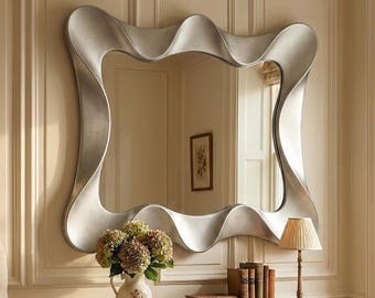 Espejo de pared plateado ondulado con marco de garabatos, decoración retro grande para dormitorio, pieza llamativa