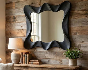 Espejo ondulado negro mate, marco de garabatos gruesos, decoración gótica moderna, pieza de pared llamativa