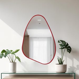 Red Organic Wall Mirror – Framemounted Freeform Mirror for Bold Japandi Entryway or Artistic Modern Living Room Accent