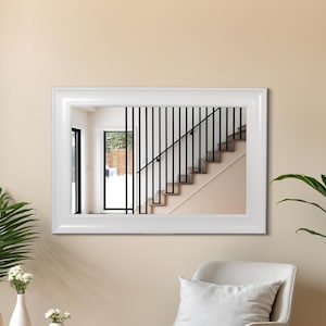 Luxury White Rectangular Mirror – Stylish Wide Frame Statement Piece for Hallways & Mid-Century Interiors