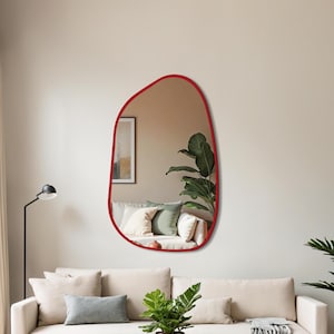 Red Artistic Wall Mirror – Handmade Thin Edge Organic Form Mirror for a Bold Entry or Artistic Bathroom Wall Accent