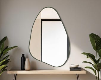 Pebble Olive Green Wall Mirror – Handmade Organic Shape with Japandi & Modern Minimalist Style for Living Room or Entryway