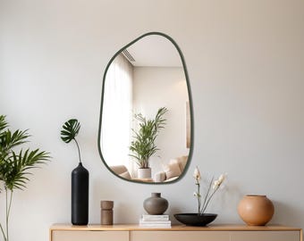 Art Deco Inspired Olive Green Wall Mirror – Stylish Slim Frame Accent for Living Room, Entryway or Bedroom